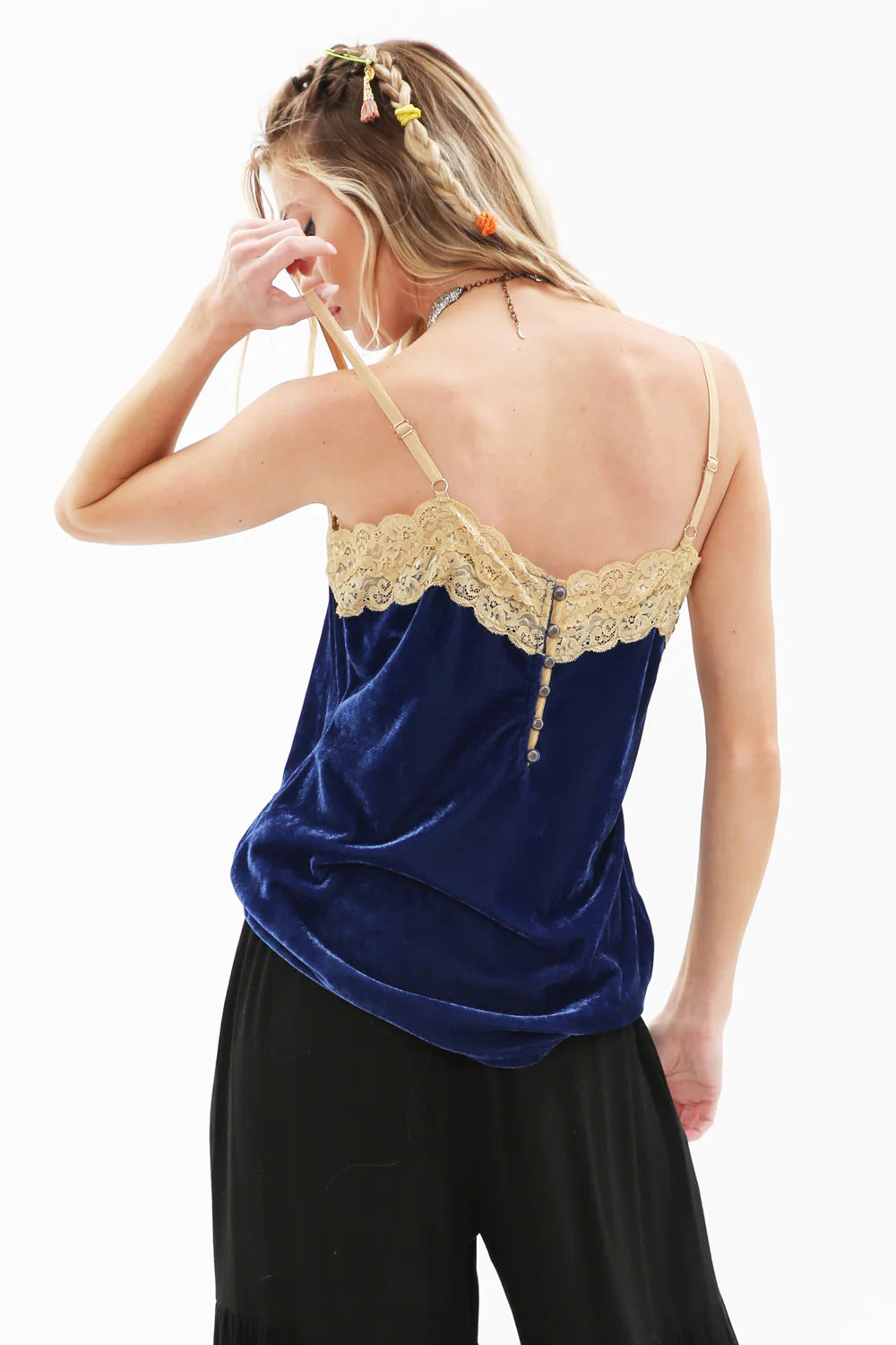 Velvet Sleevless Top With Lace Trim