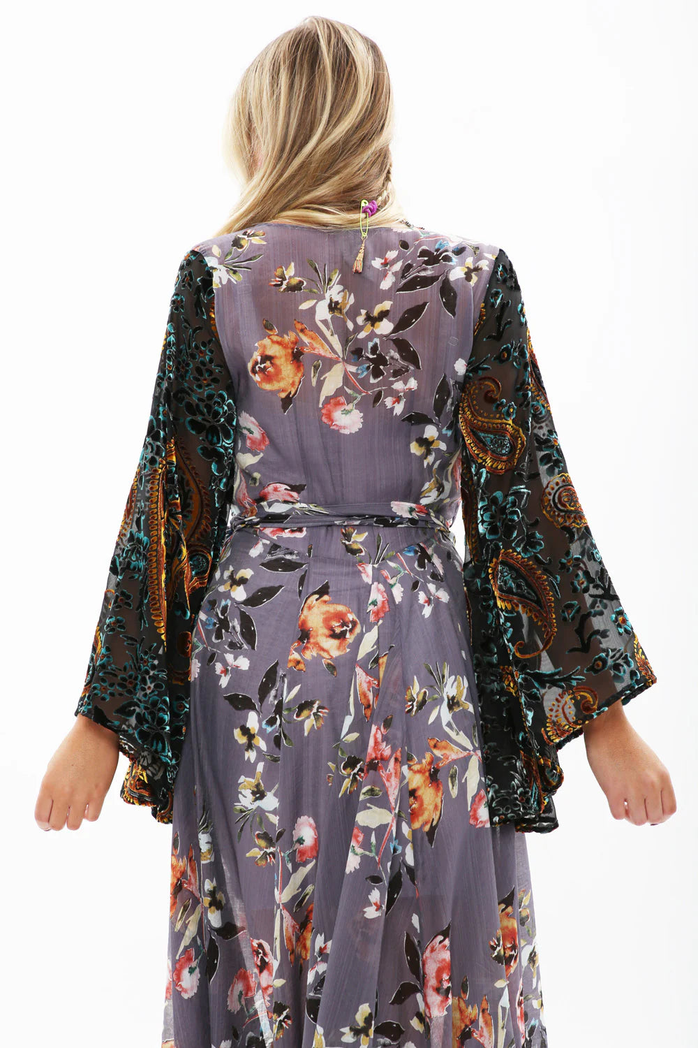 Wrap Dress With Burnout Velvet Flare Sleeves