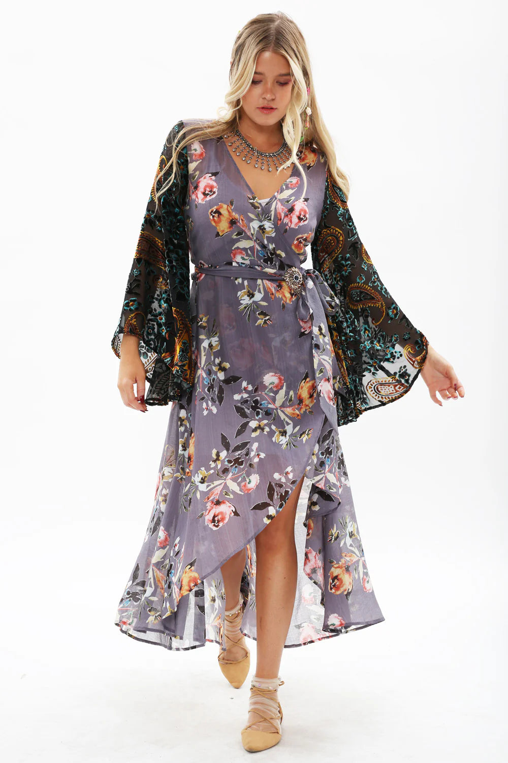 Wrap Dress With Burnout Velvet Flare Sleeves