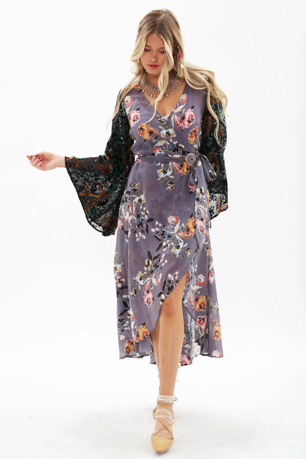 Wrap Dress With Burnout Velvet Flare Sleeves