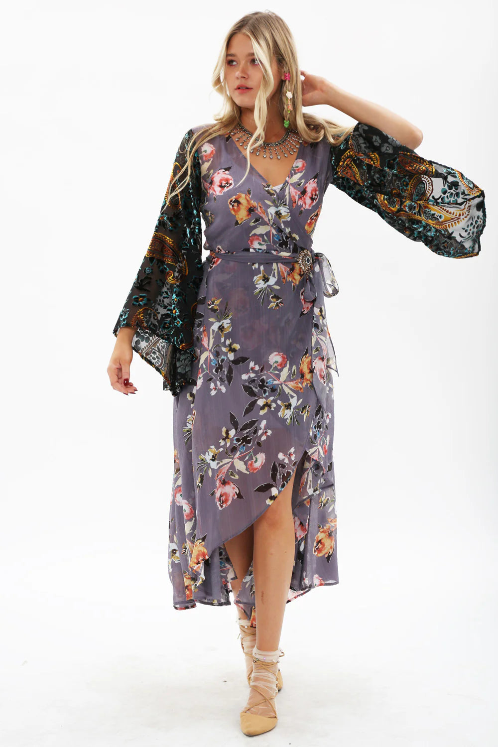 Wrap Dress With Burnout Velvet Flare Sleeves