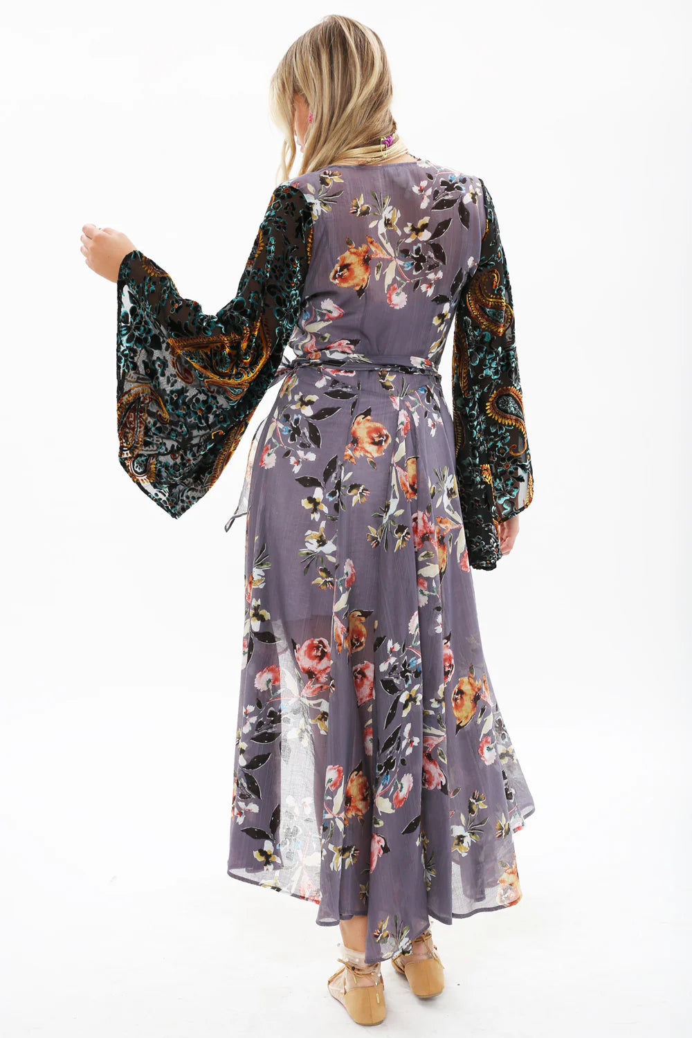 Wrap Dress With Burnout Velvet Flare Sleeves