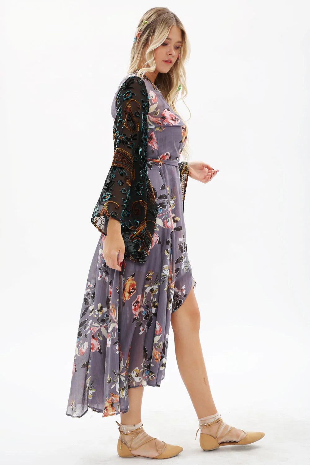 Wrap Dress With Burnout Velvet Flare Sleeves