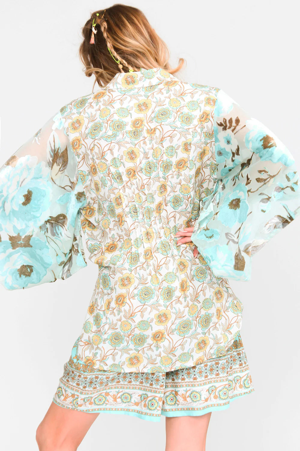Baby Blue Shirt With Flowers And Printed Sleeves