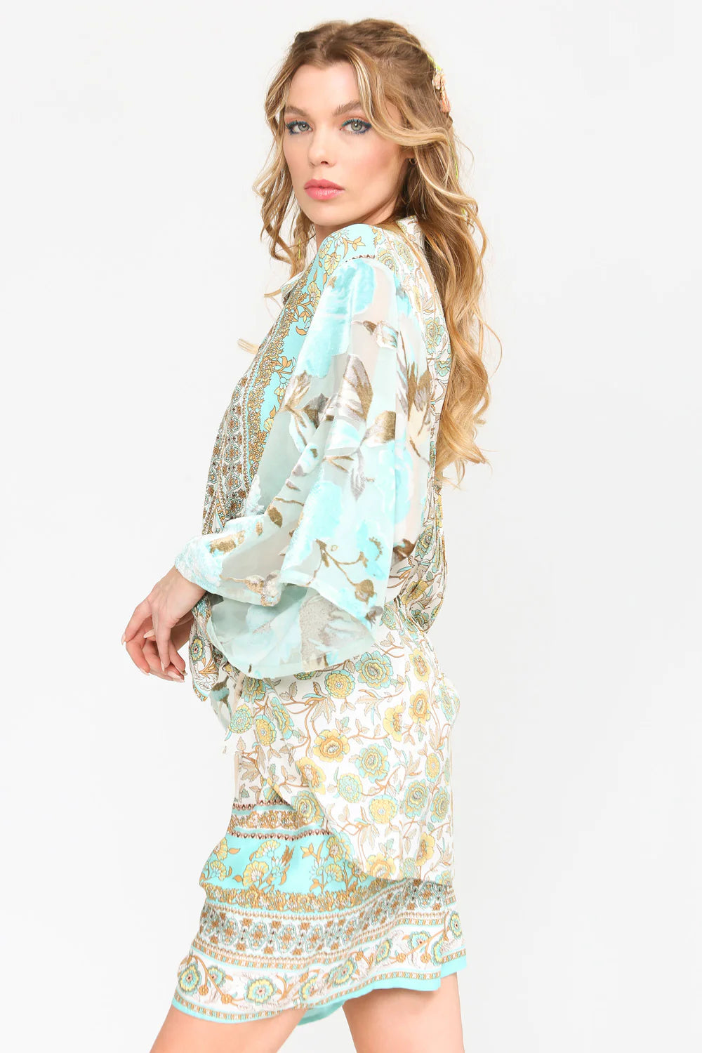 Baby Blue Shirt With Flowers And Printed Sleeves