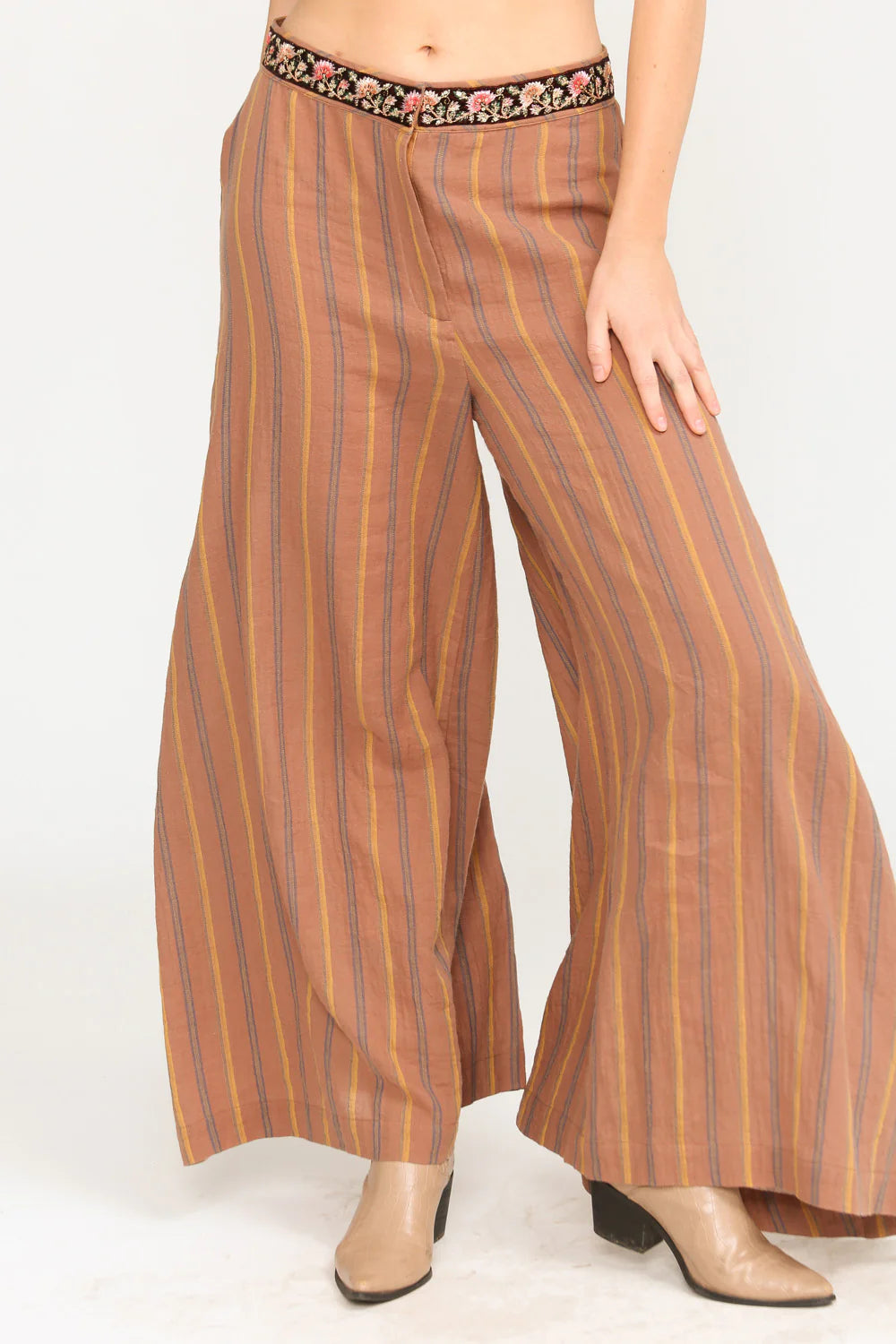 Stripe Pants With Floral Belt Detail