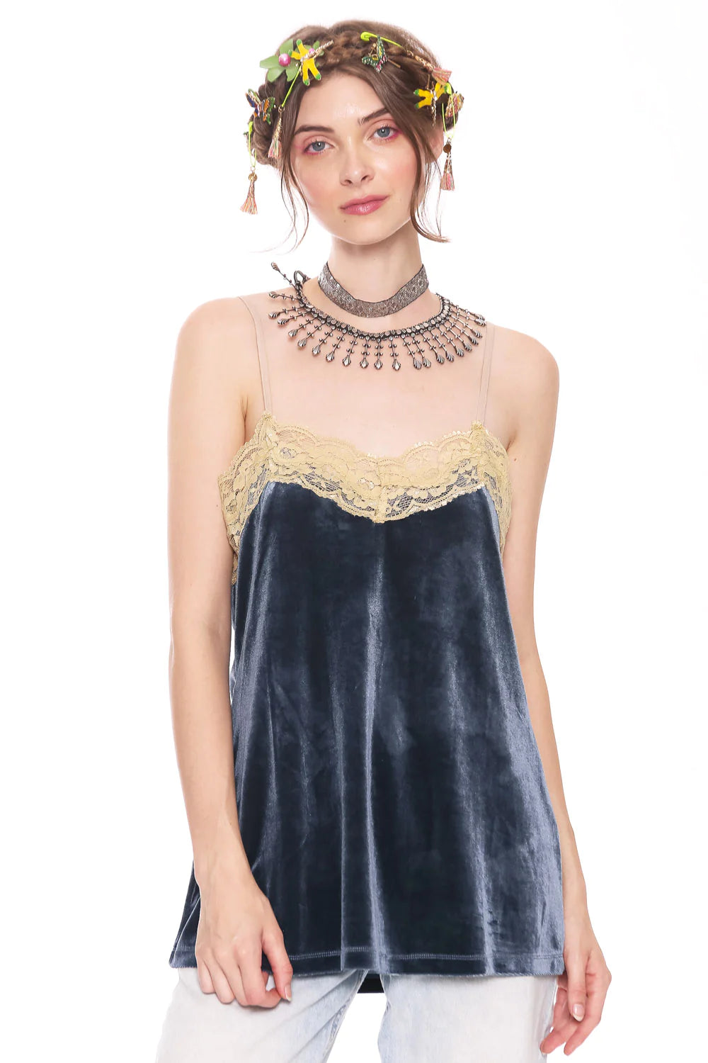 Velvet Sleevless Top With Lace Trim