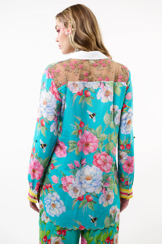 Laced Back Embroidered Sequined Floral Shirt