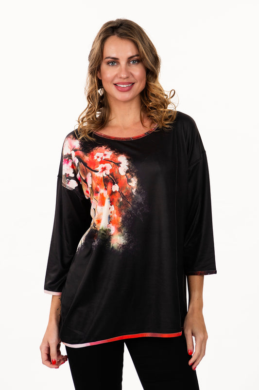 Reversible Floral Burst / Abstract 3/4 Sleeve Knit Top