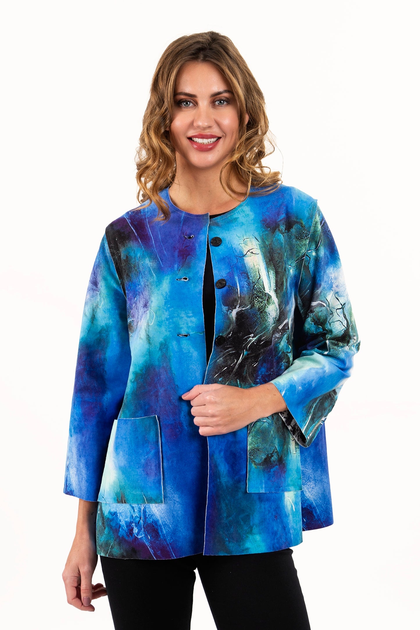 Reversible Blue Abstract / Black & White High Collar Jacket