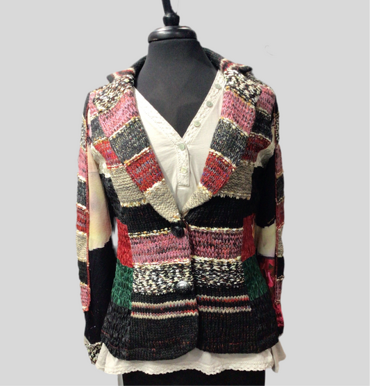 Colorful Patchwork Sweater Jacket with Ribbed Accents