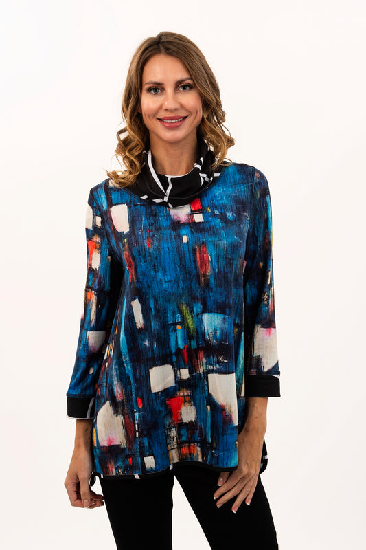 Reversible Teal Abstract / Black & White Line Cowl Neck Knit Top