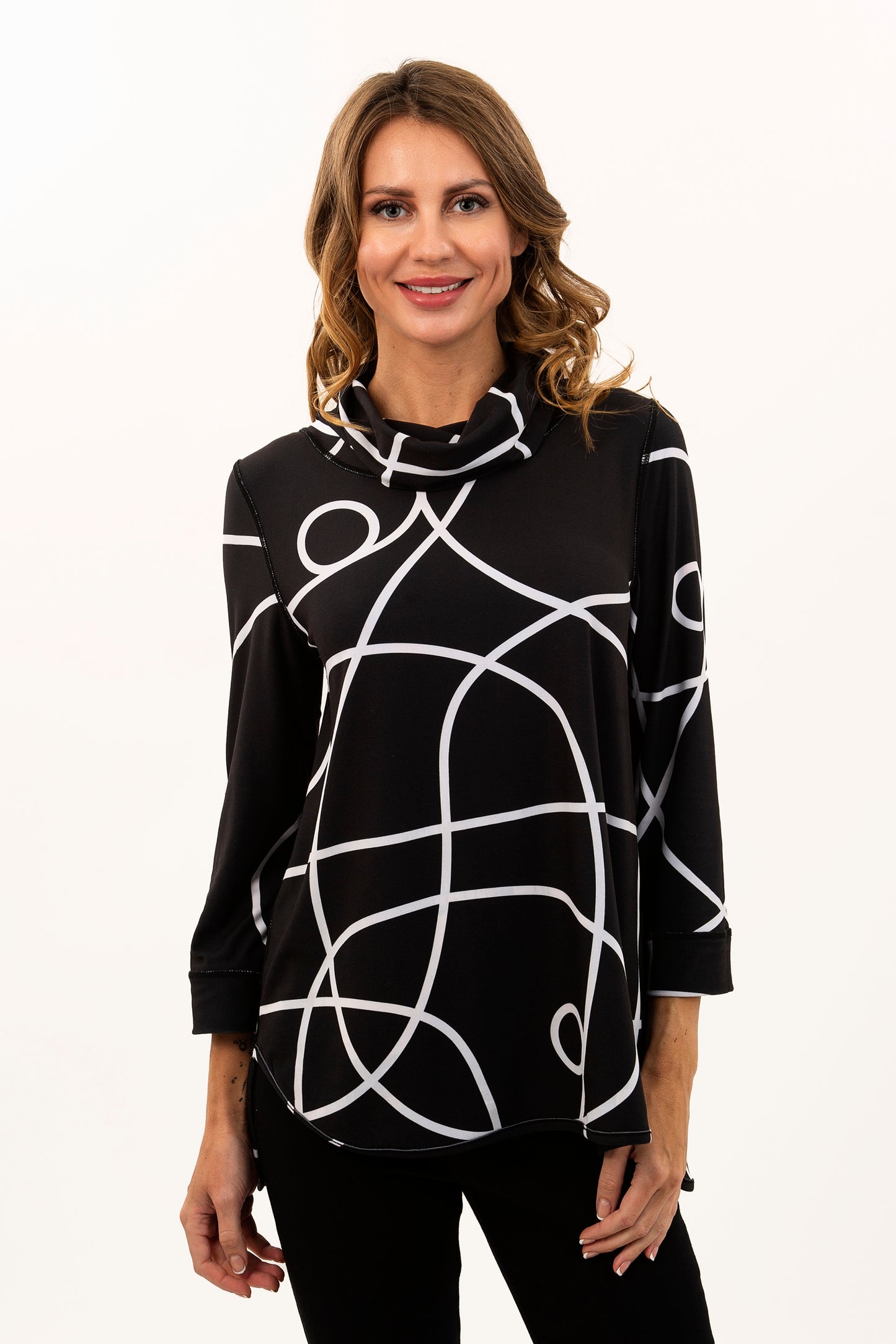 Reversible Teal Abstract / Black & White Line Cowl Neck Knit Top