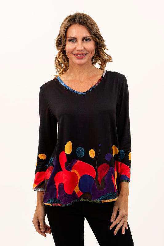 Reversible Multicolor Abstract / Black Artistic Hem Long Sleeve Knit Top