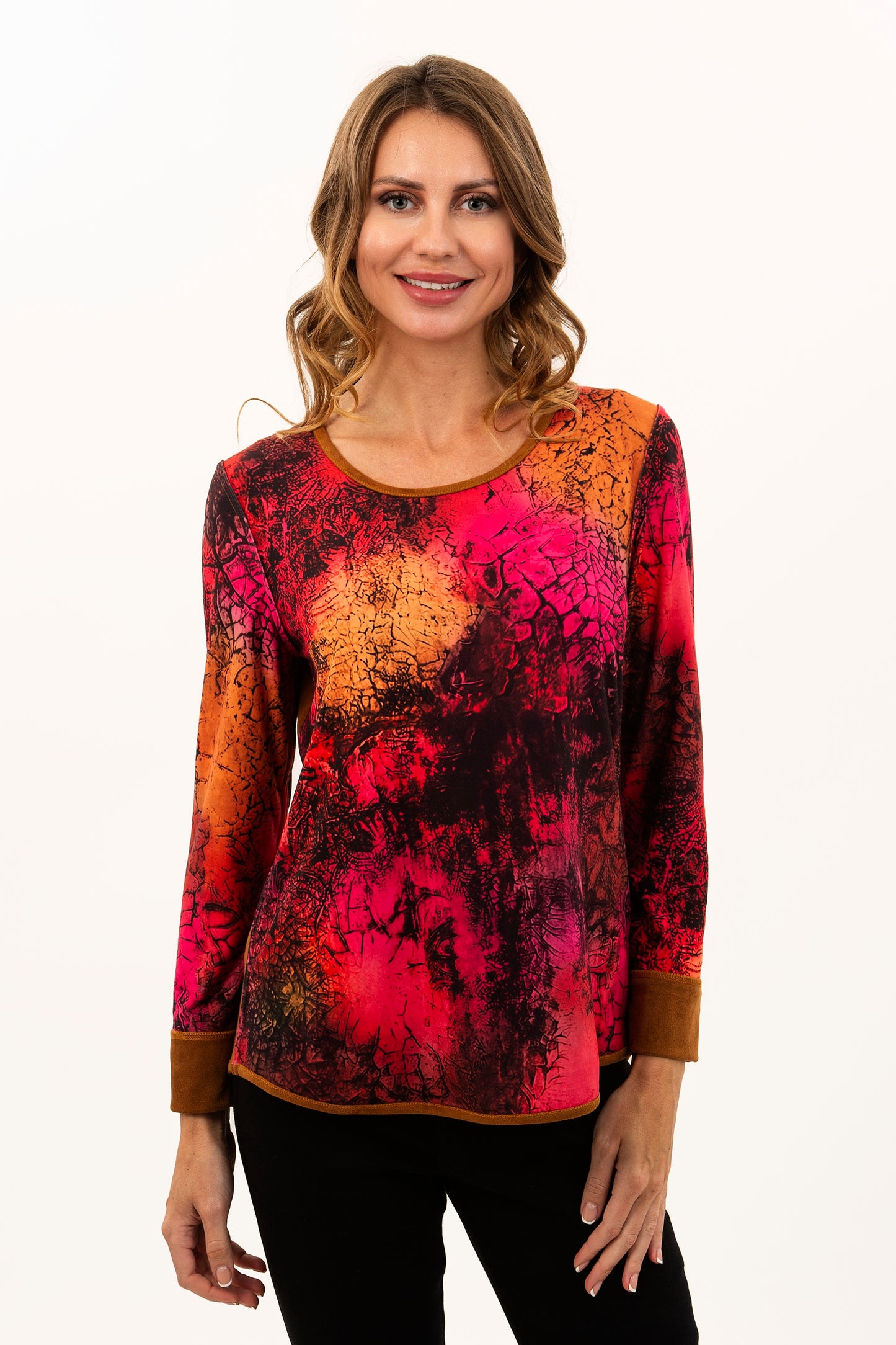 Reversible Front Crimson Coral / Solid Rust Back Long Sleeve Knit Top