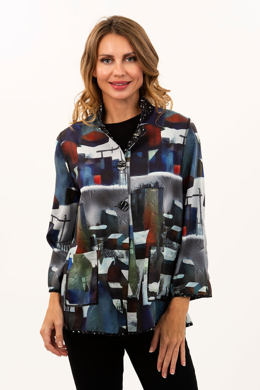 Reversible Black Dot/Abstract City High Collar Jacket