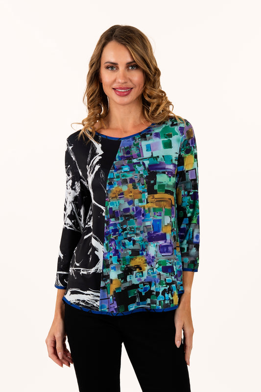 Reversible Royal Blue/Abstract Multi Long Sleeve Knit Top