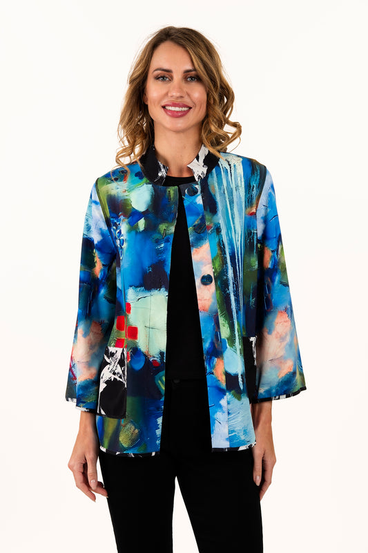 Reversible Blue Abstract/Black Brushstroke High Collar Jacket