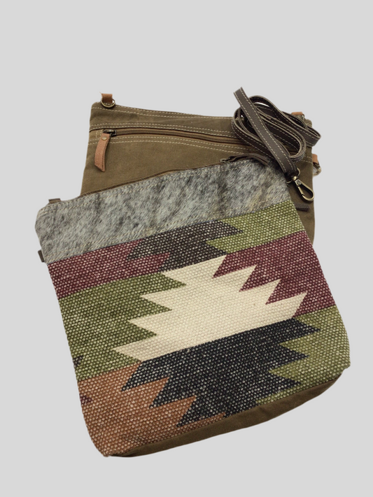 Tapestry and Cowhide Messenger Purse