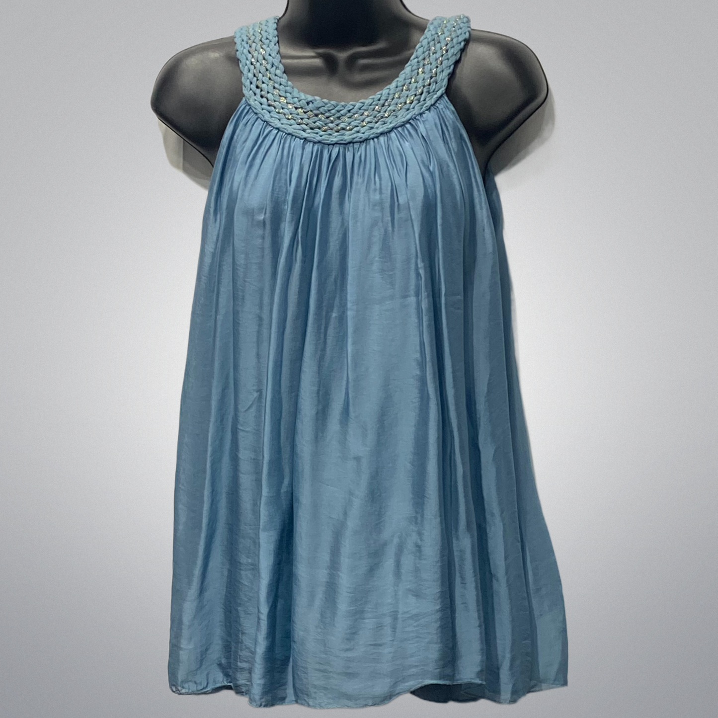 Italian Silk Top With Embellished Crochet Neck