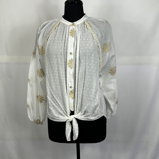 Embroidered Crochet Trim Front Tie Shirt