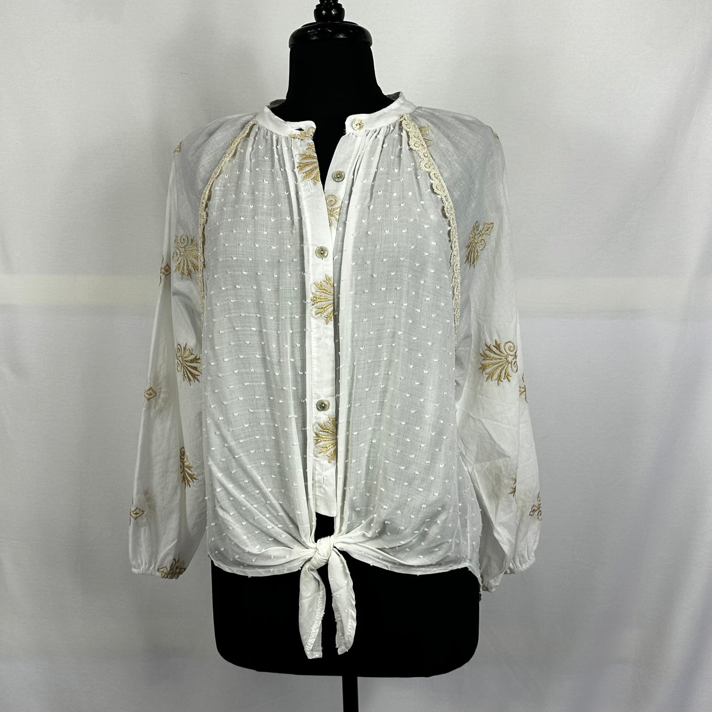 Embroidered Crochet Trim Front Tie Shirt