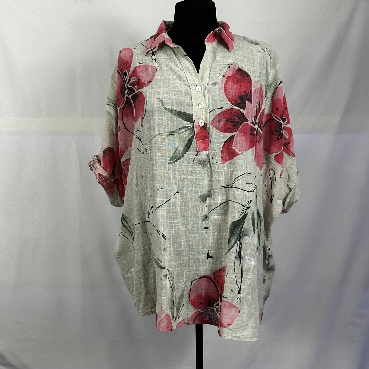 Italian Cotton Roll Up Sleeve Flower Print Top