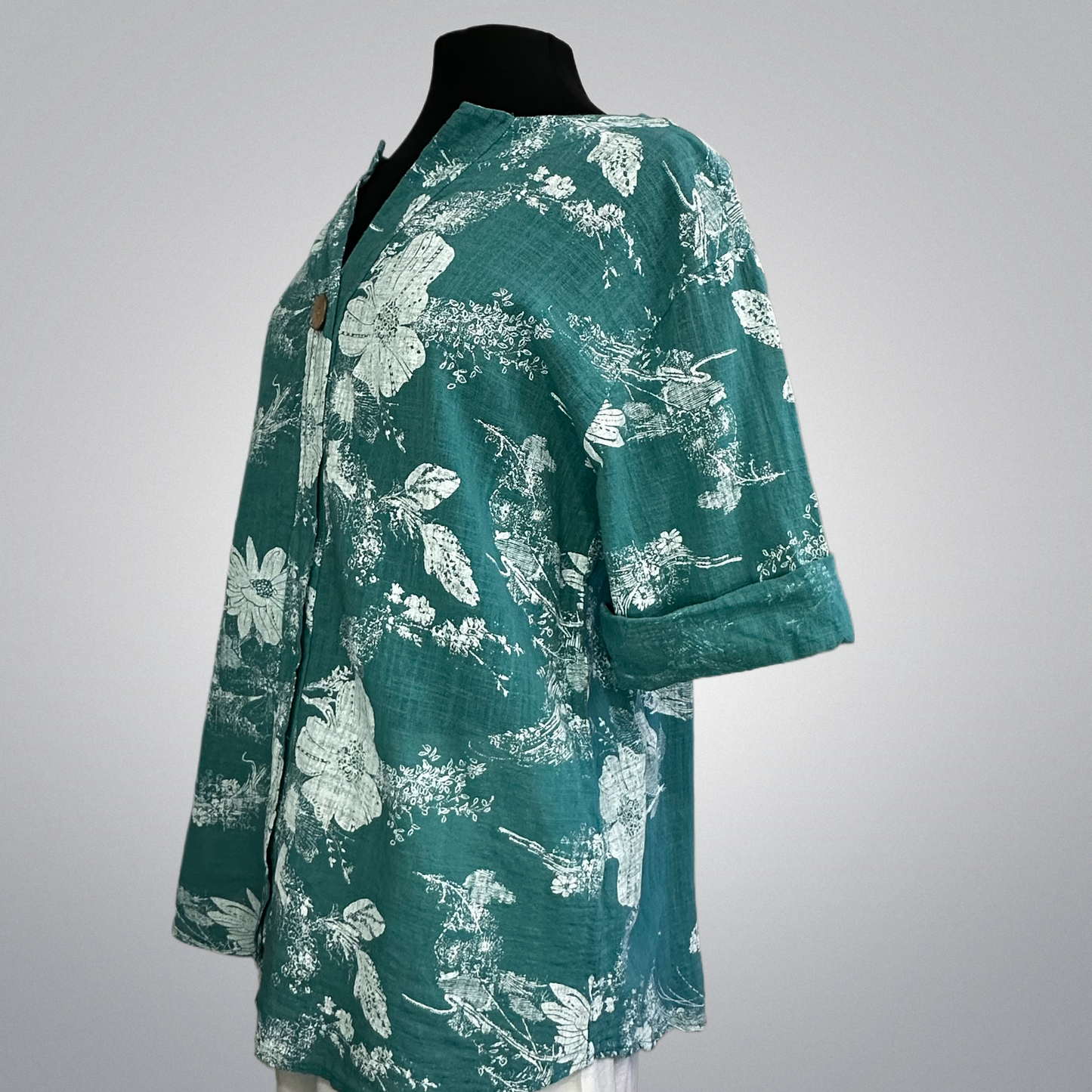 White Floral On Teal Cotton Roll-Up Sleeve Top