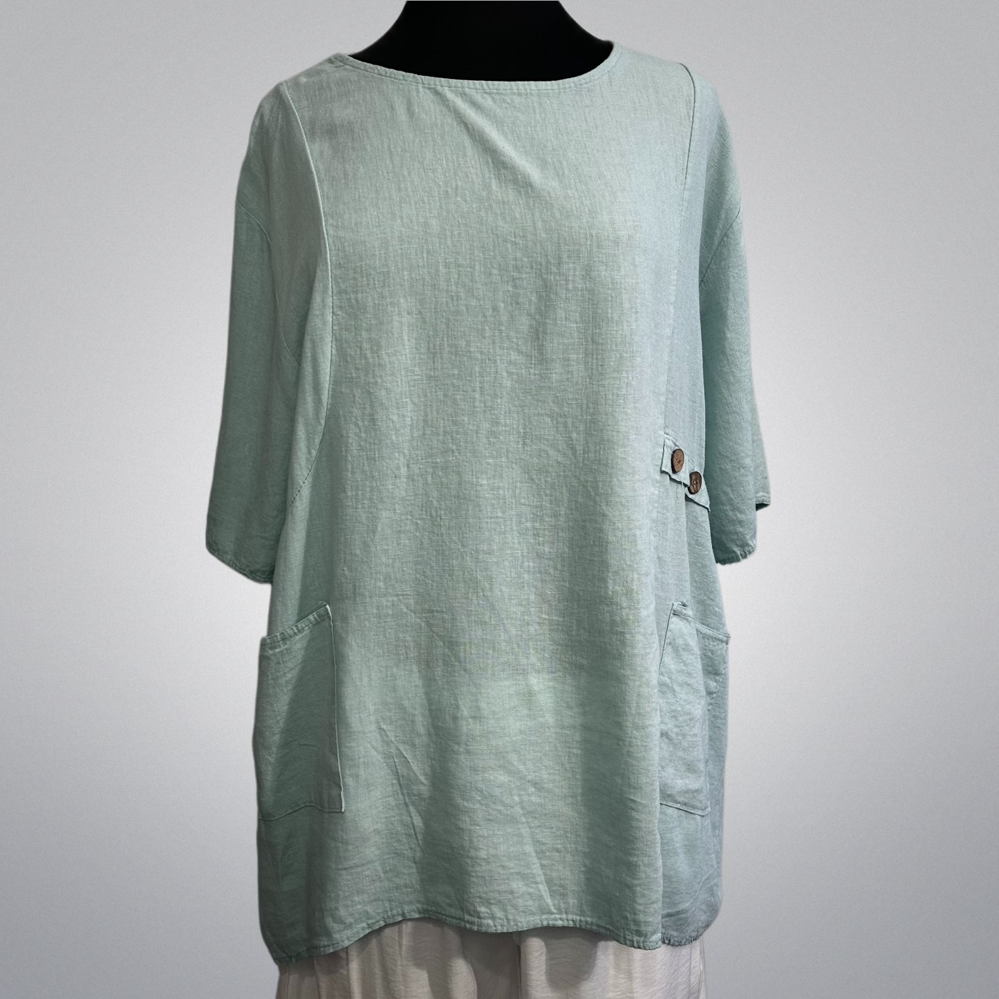 Coconut Buttoned Linen/Viscose Blend Top With Front Pockets