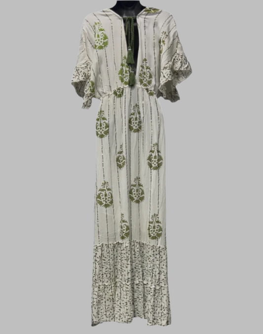 Hand Beaded Long Dress with Ruffle Sleeves