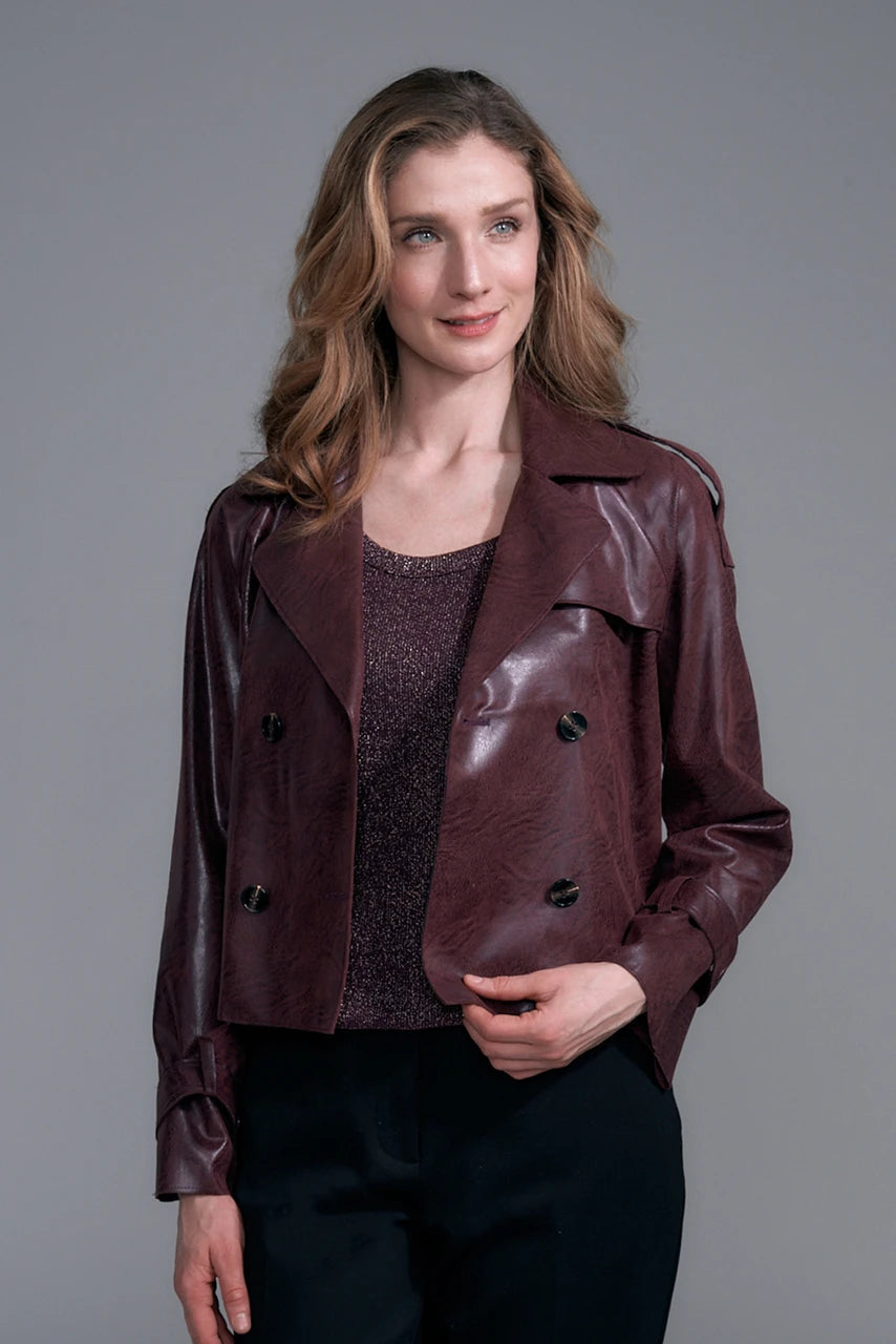 Bordeaux Cropped Trench Vegan Leather Jacket