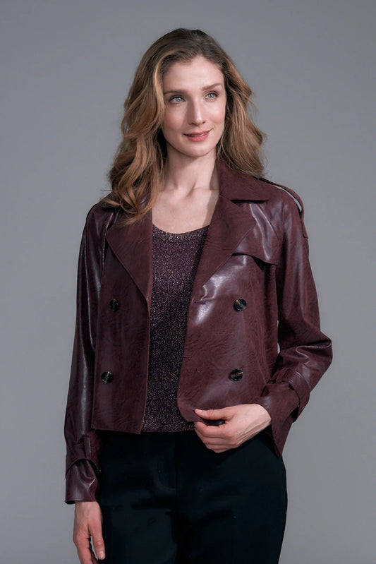 Bordeaux Cropped Trench Vegan Leather Jacket