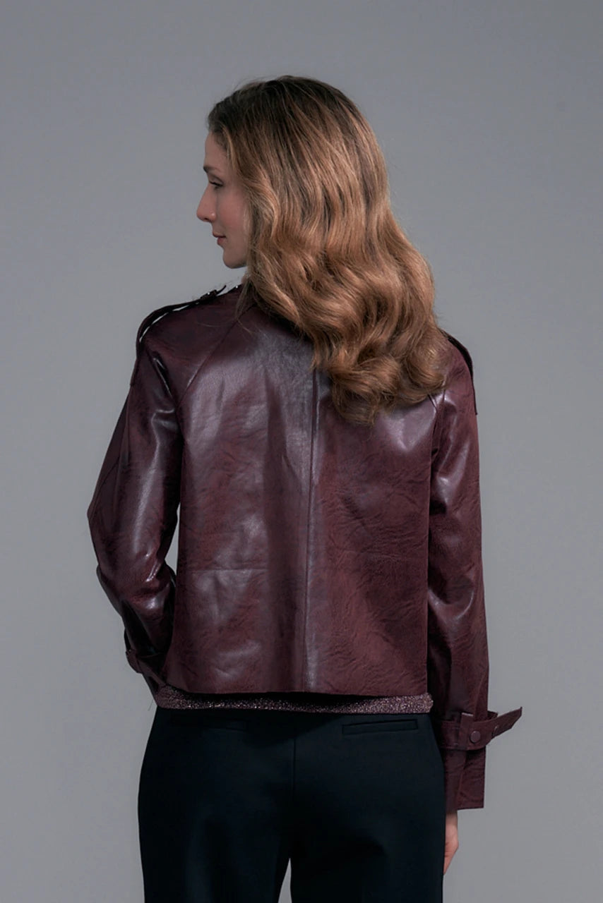 Bordeaux Cropped Trench Vegan Leather Jacket