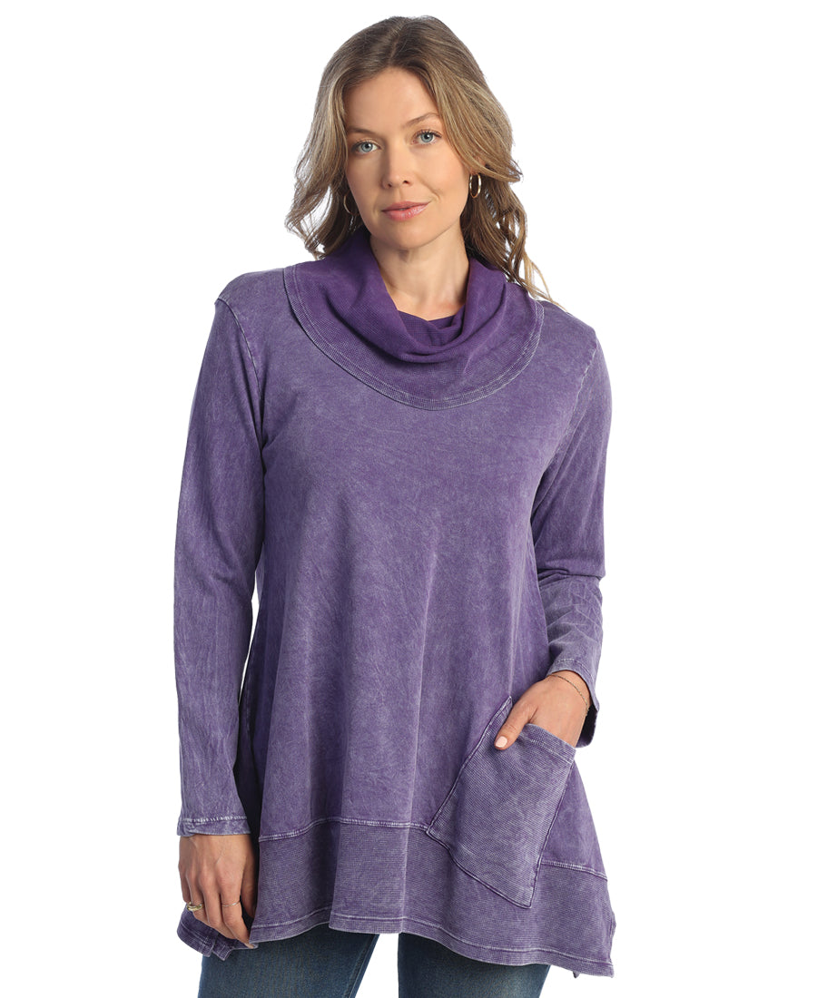 100% Cotton Mineral Washed Cowl Neck Tunic With Pocket