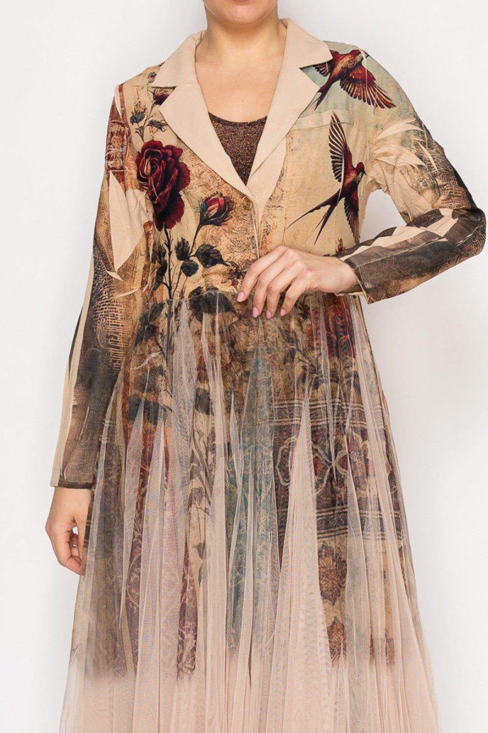 Vintage Bird Print Blazer With Long Mesh Layer