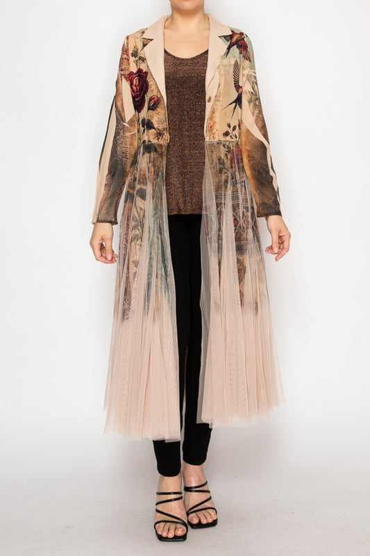 Vintage Bird Print Blazer With Long Mesh Layer