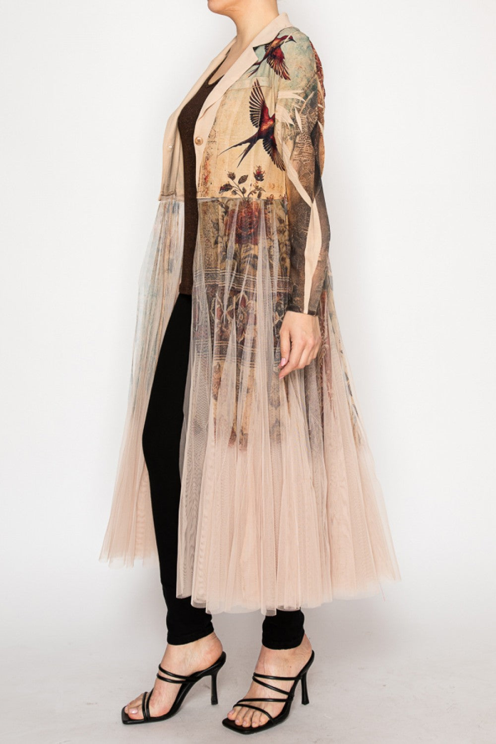Vintage Bird Print Blazer With Long Mesh Layer