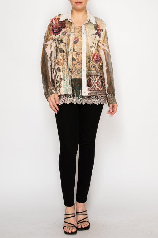 Vintage Bird Faux Suede Trimmed Mesh Jacket