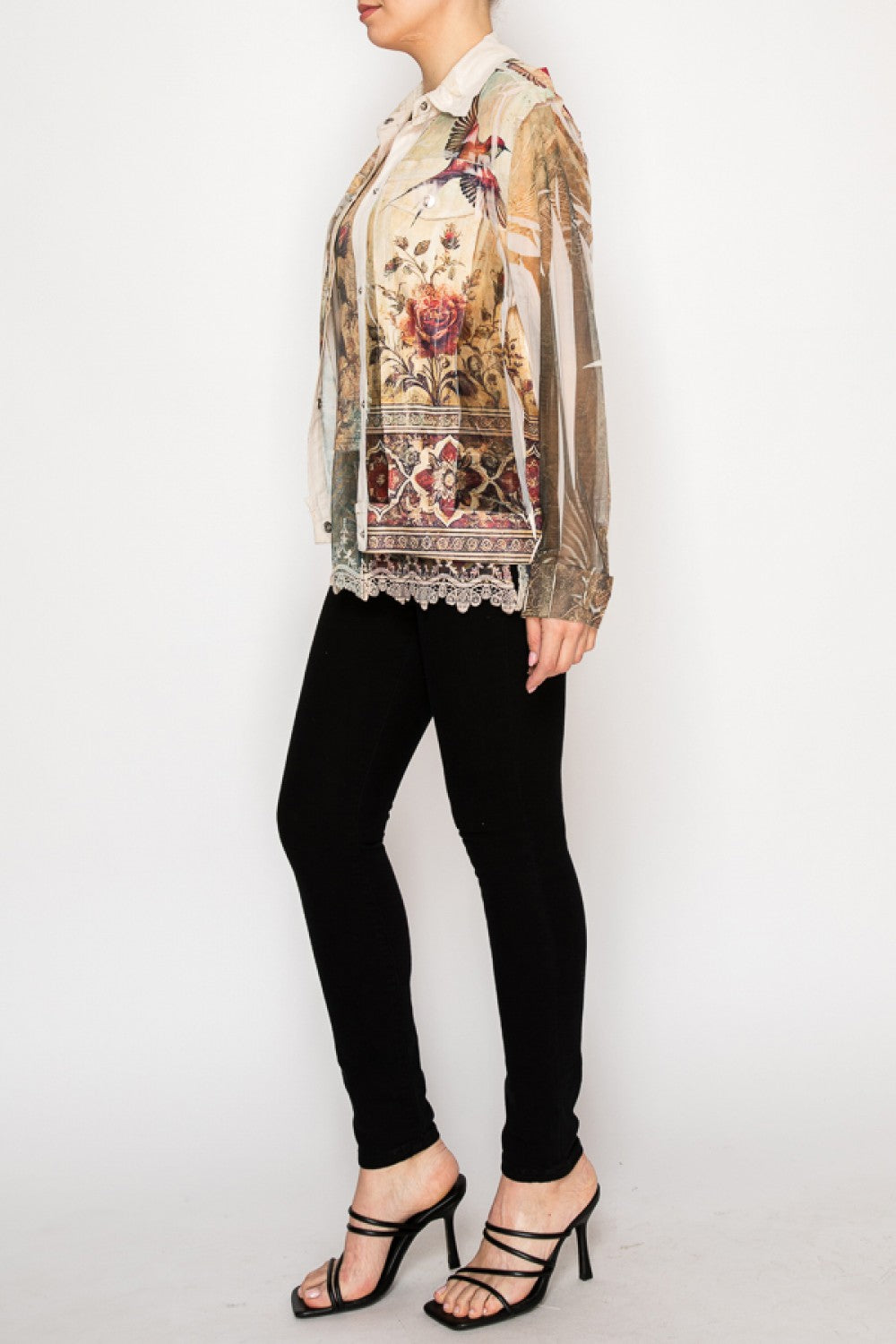 Vintage Bird Faux Suede Trimmed Mesh Jacket