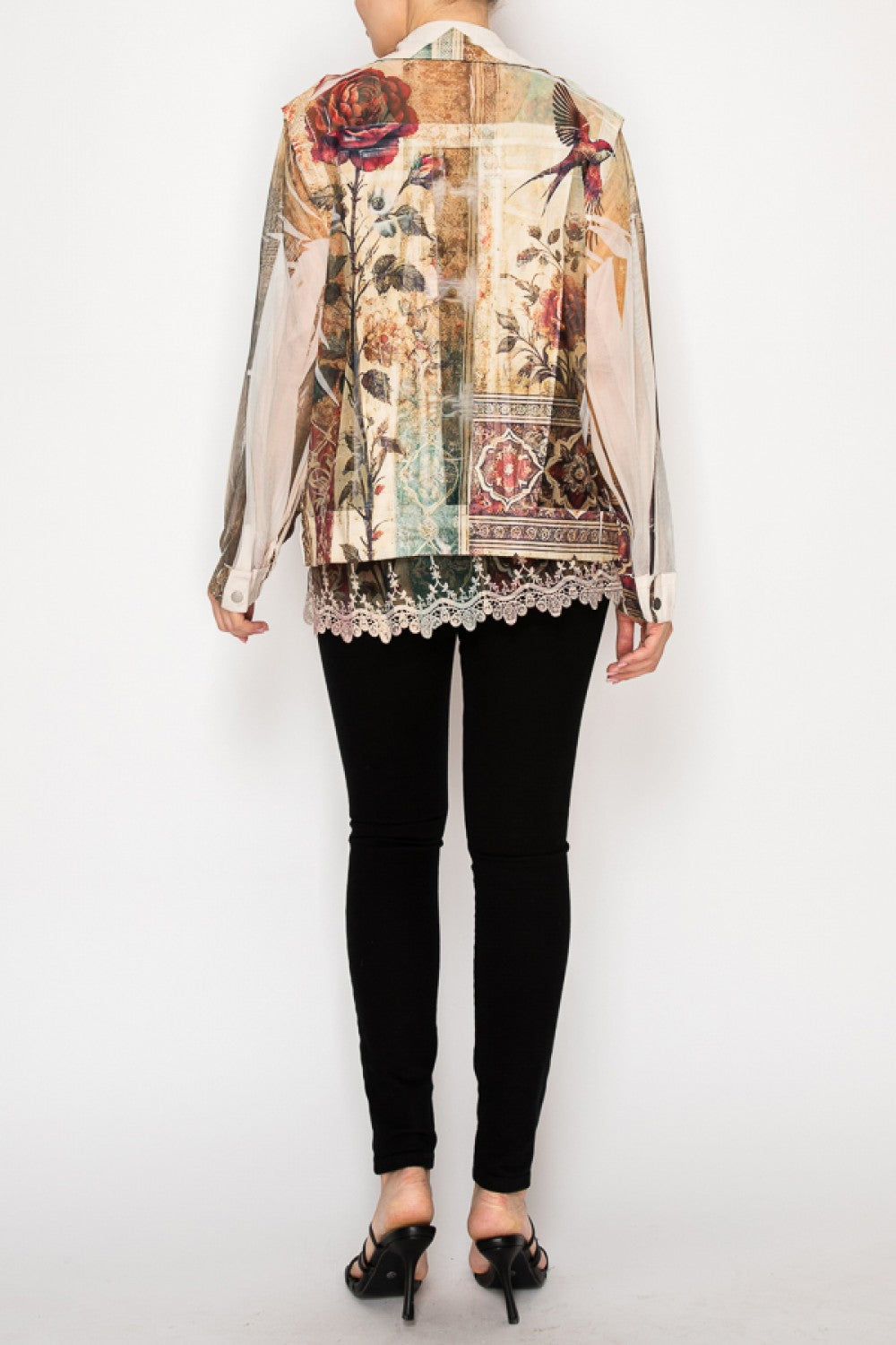 Vintage Bird Faux Suede Trimmed Mesh Jacket