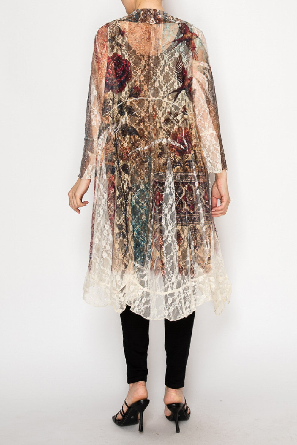 Vintage Bird Long Cardigan Duster With Ruffled Detailing