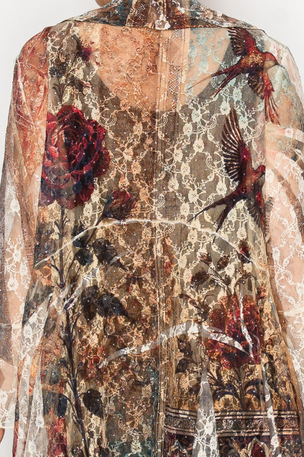 Vintage Bird Long Cardigan Duster With Ruffled Detailing