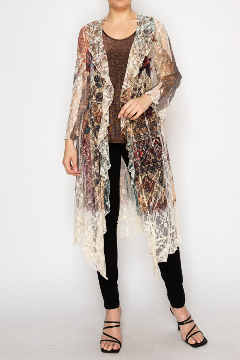 Vintage Bird Long Cardigan Duster With Ruffled Detailing