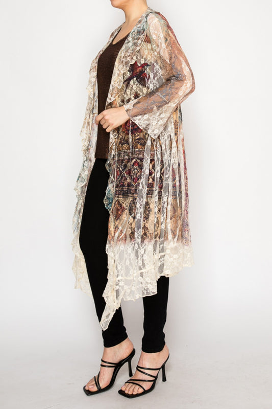 Vintage Bird Long Cardigan Duster With Ruffled Detailing