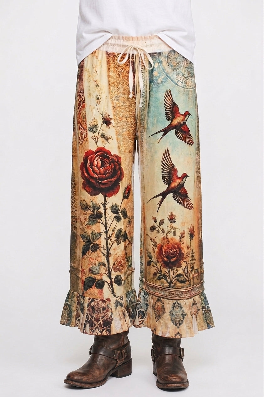 Vintage Bird Ruffle Trim Flowy Wide-Leg Pants