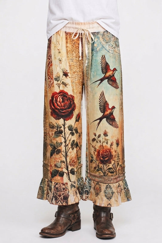 Vintage Bird Ruffle Trim Flowy Wide-Leg Pants