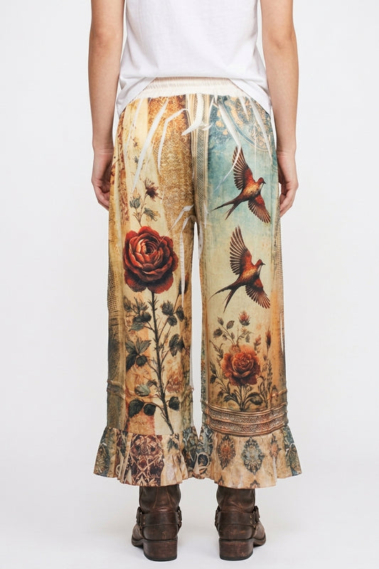 Vintage Bird Ruffle Trim Flowy Wide-Leg Pants