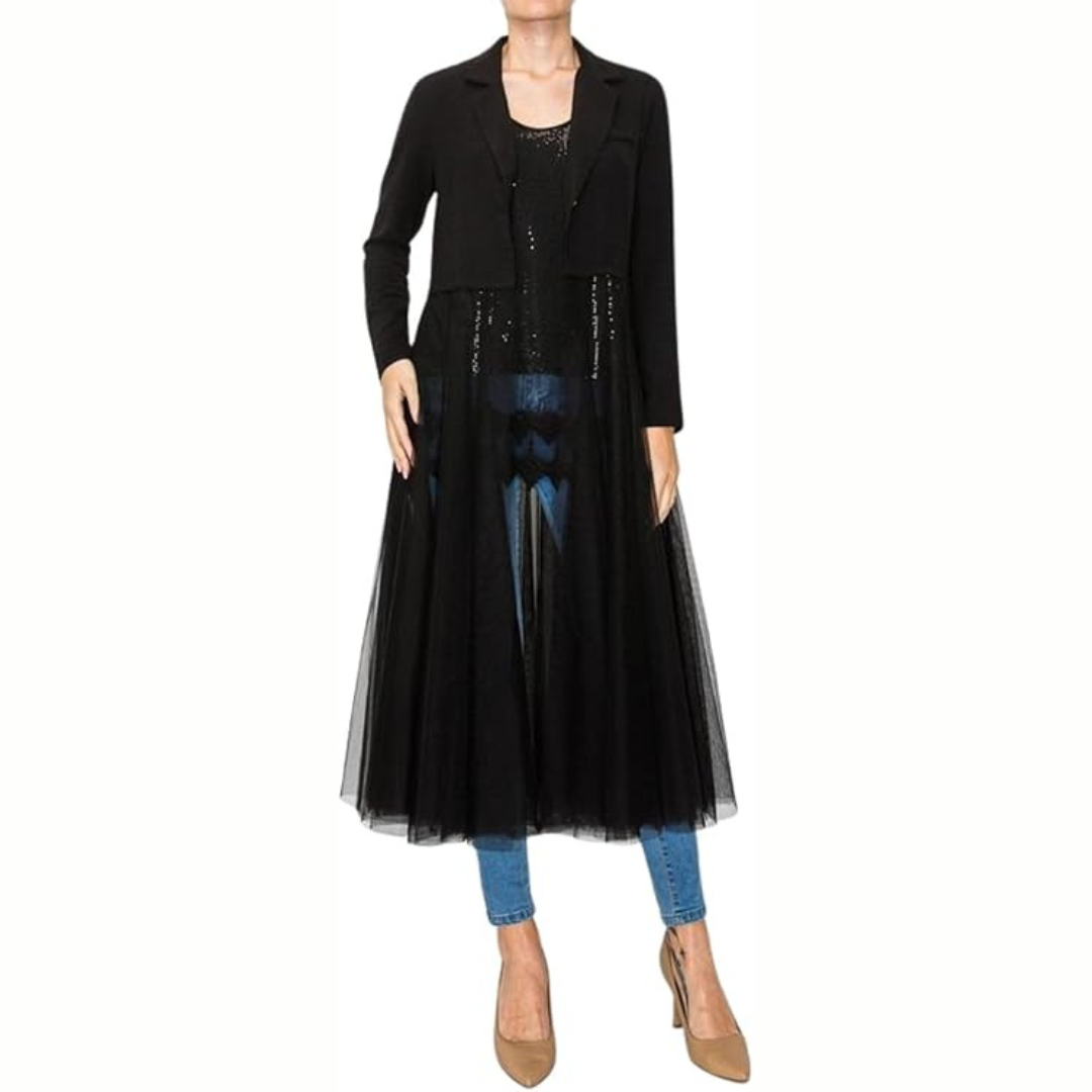 Black Blazer With Long Mesh Layer