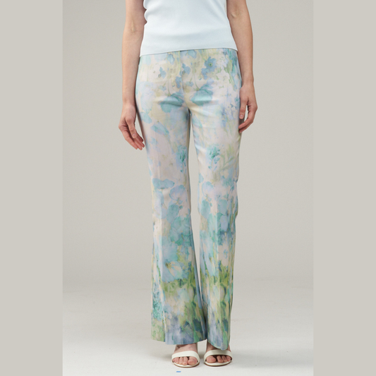 Blue Watercolor Print Flared Pants