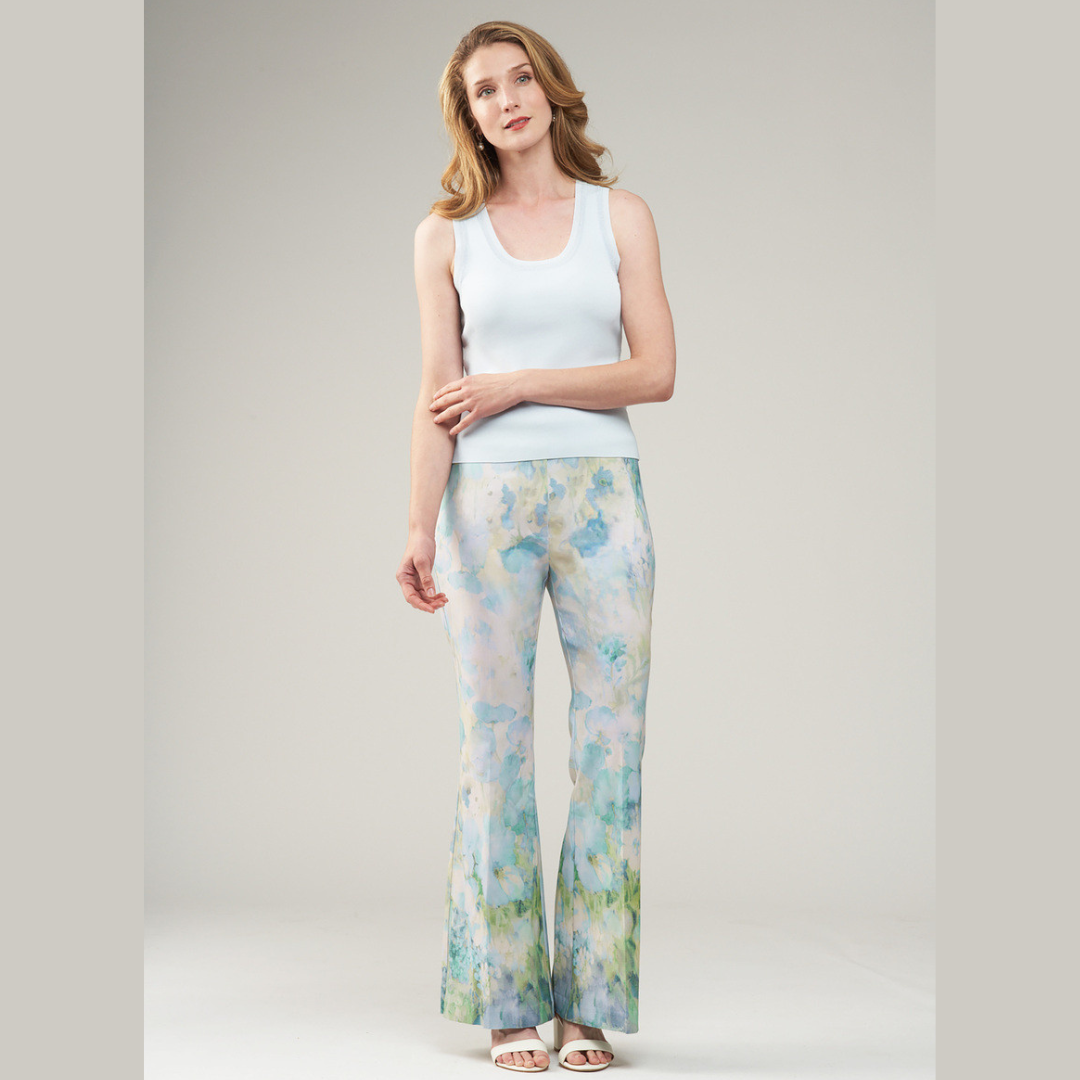 Blue Watercolor Print Flared Pants